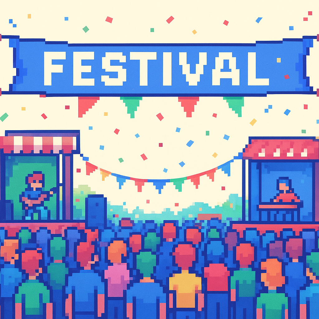 Arcade Loom hero — lively in-game festival scene with players